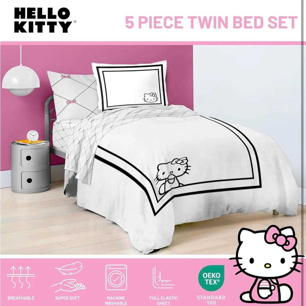 Hello Kitty 5 Piece Twin Comforter Set Includes Sheets & Pillow Cover - White
